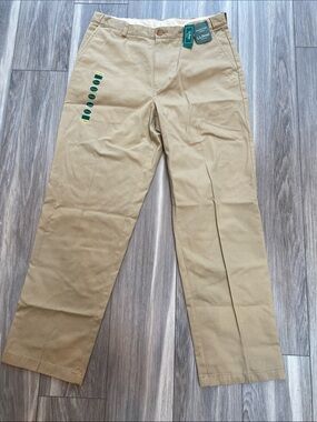 NWT L.L. Bean Double L Chinos 36 x 32 Dark Khaki Hidden Comfort Plain Front Pant